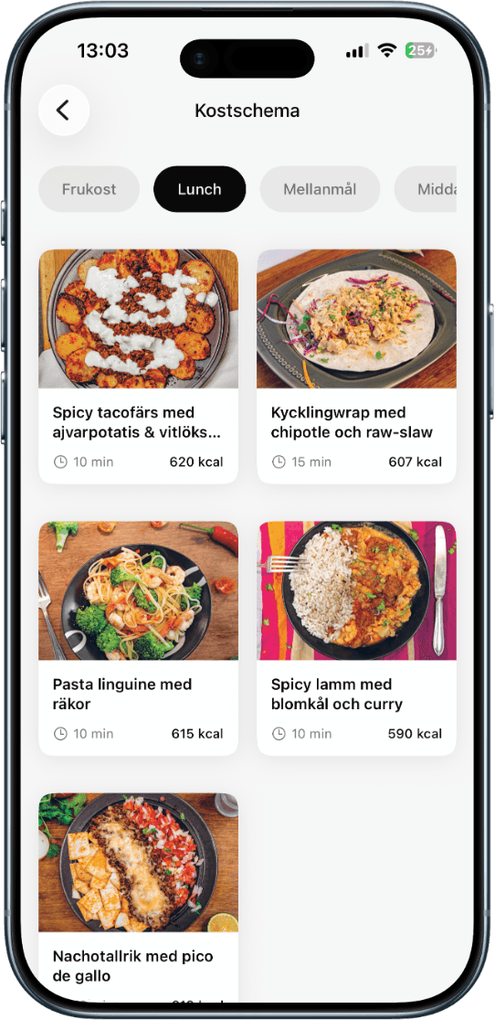 Kostschemat i appen med lunchrecept, tid och kalorier, i en iPhone